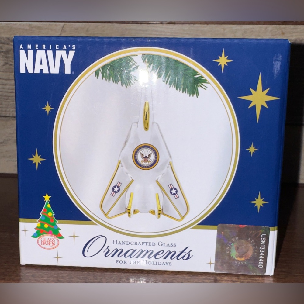 SUPER CUTE GLASS BARON NAVY F-14 JET HANDCRAFTED GLASS ORNAMENT - NEW